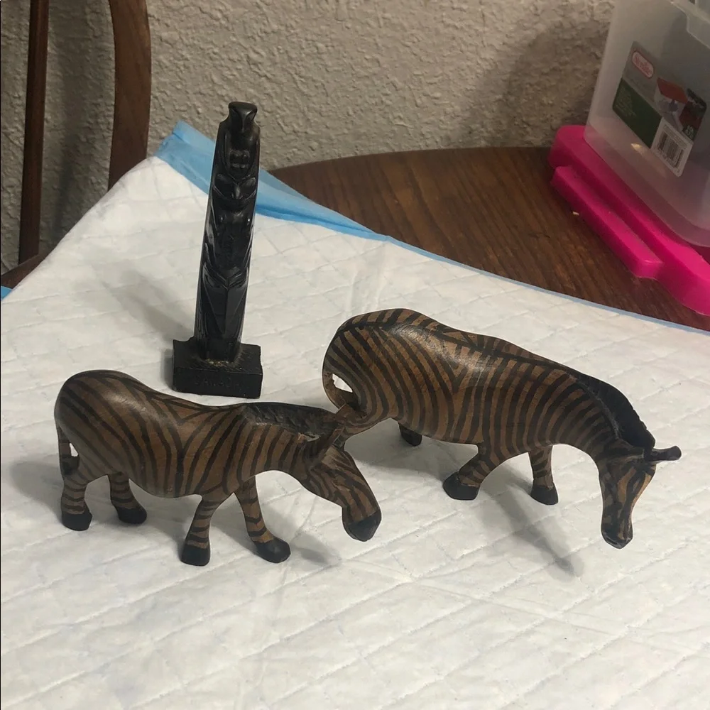 Vintage Brown and Black Striped Zebra Wood Figurines
